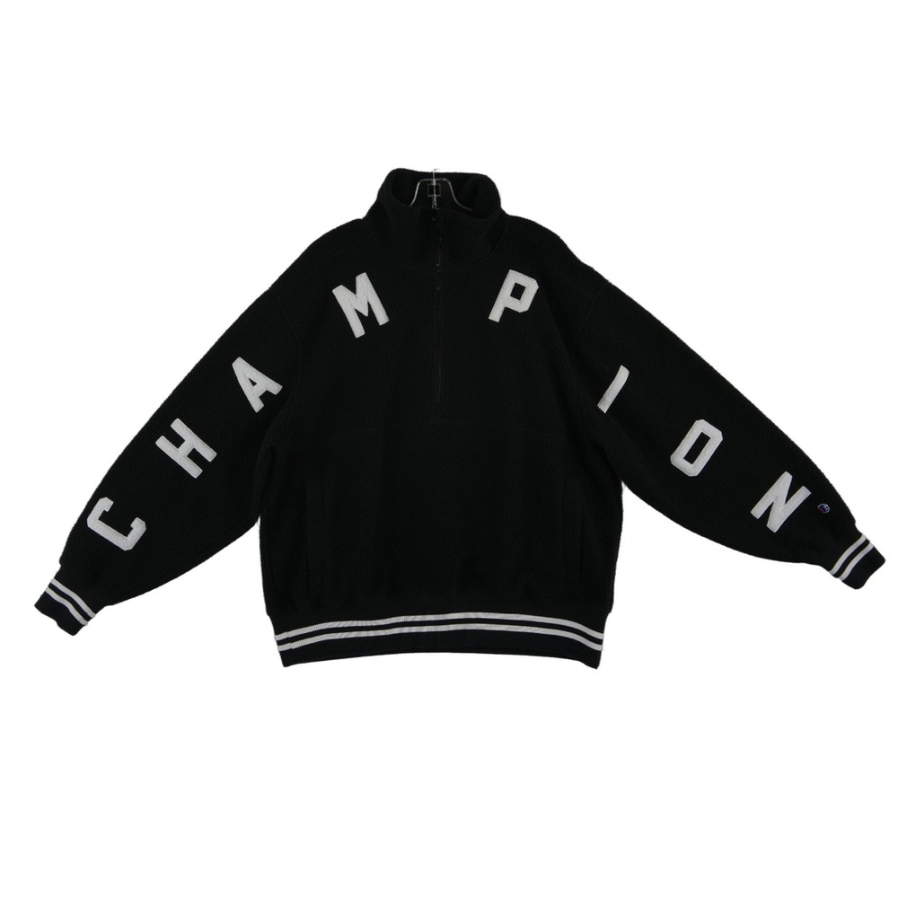 Champion Quarter Zip Fleece Pullover Men's Size Large Black Sherpa Block Letter